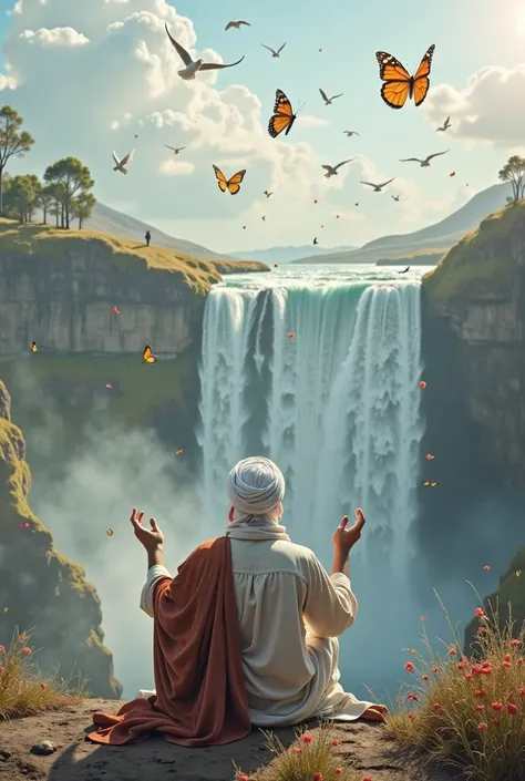 A Muslim man wearing a white turban from the time of the Prophet Muhammad raises his hands in supplication and sits on a high place facing waterfalls and picturesque nature, birds flying in the sky and colorful butterflies filling the place
