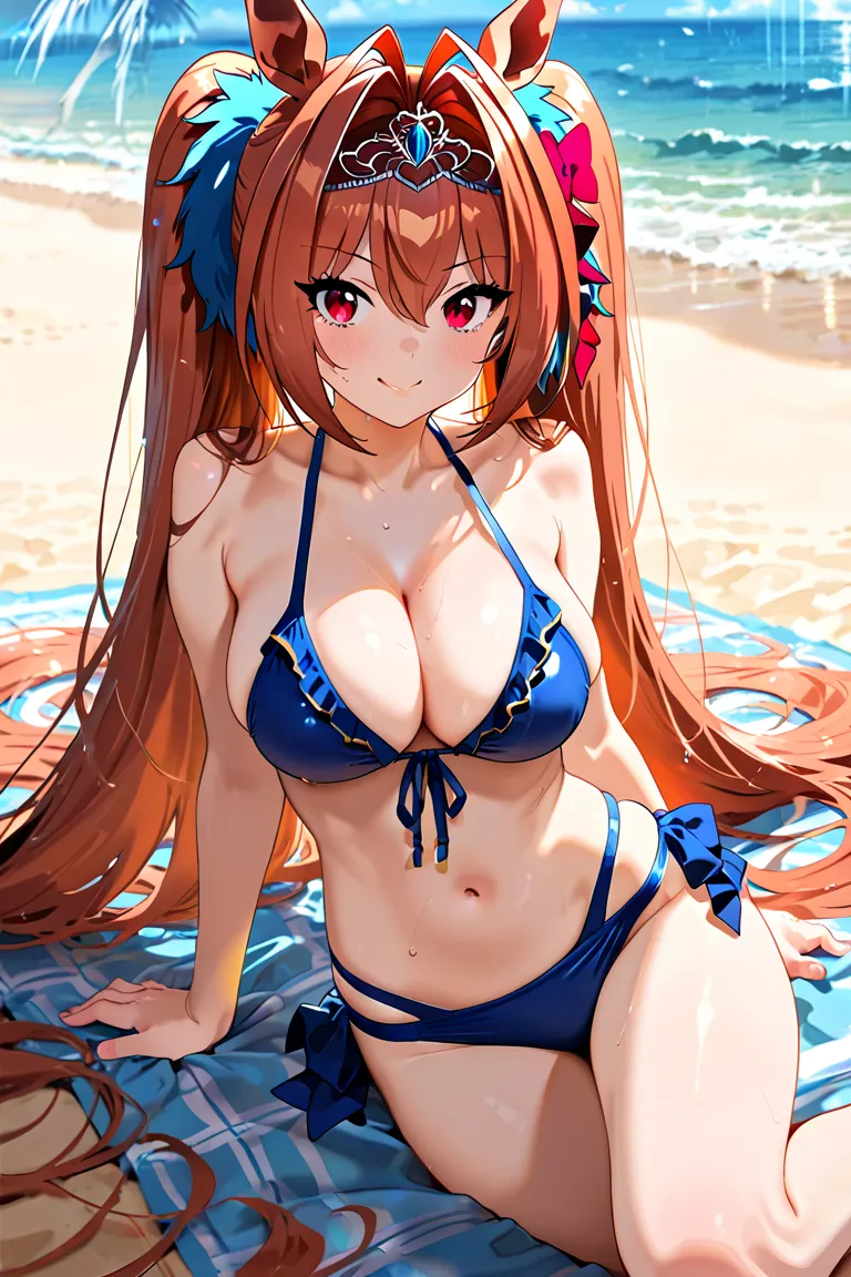 top quality,swimsuit,,beach,smile,large breasts,Daiwa Scarlet,Horse ears,