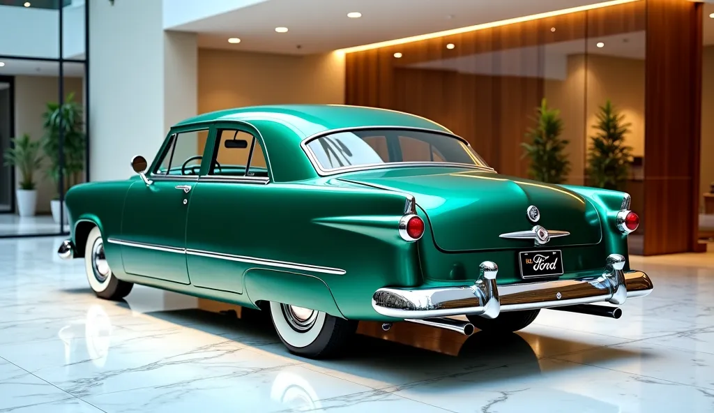 A [CAR_MODEL :- [ 1952 Ford Mainline sedan ] parked in a luxury showroom, [DOORS: all four doors close with ZERO visible interior parts (no seats, dashboard, or panels)]. Shot from [ANGLE: strict (only full Back view ] to emphasize [FOCUS: exterior design ...