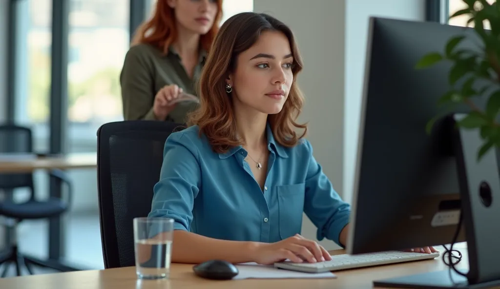 
Create an ultra-realistic image of a 28-year-old Latina woman with straight brown hair that curls gently at the ends. She has brown eyes, a pretty face, and a well-balanced body. She is at work, sitting in a chair facing her computer screen, typing and co...