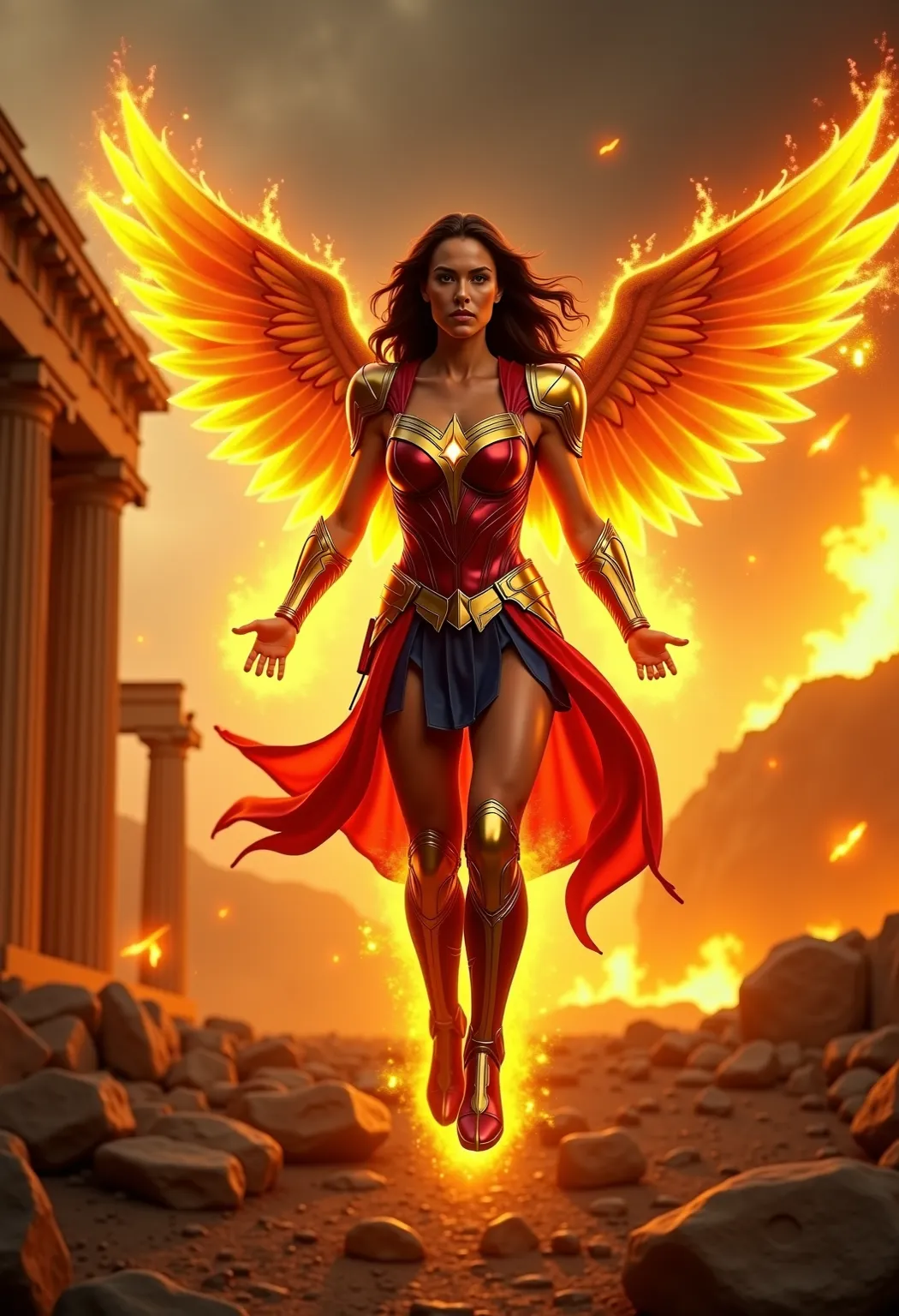 Ultra HD 8K, hyper-realistic, Gal Gadot as a celestial superheroine, wearing a fiery gold-and-crimson armored suit with phoenix-wing pauldrons. Flames trail behind her as she levitates mid-air, hands glowing with solar energy. Background: A collapsing anci...