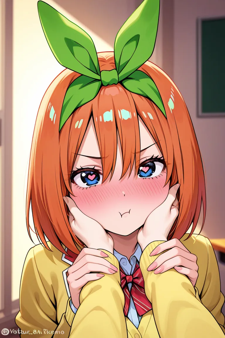  Yotsuba Nakano /(The Quintessential Quintuplets)/, Alta Resolución, 8K, long detailed nails, in school uniform,  details, bright eyes and pupils, long eyelashes, detailed hands, eyes of love, in love,  romantic , coquette,  Yotsuba Nakano está in love de ...