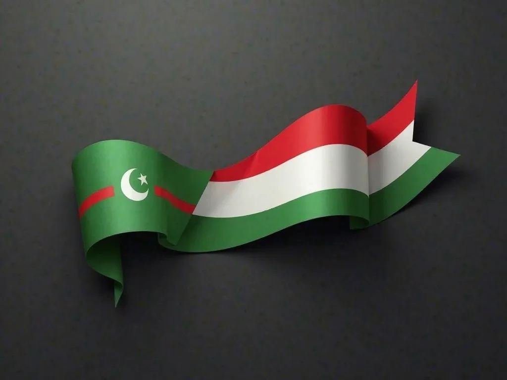 curved ribbon in the colors of the Tajik flag ( Green, white,  red)  sign on a dark grey background ，The one with a strong color contrast