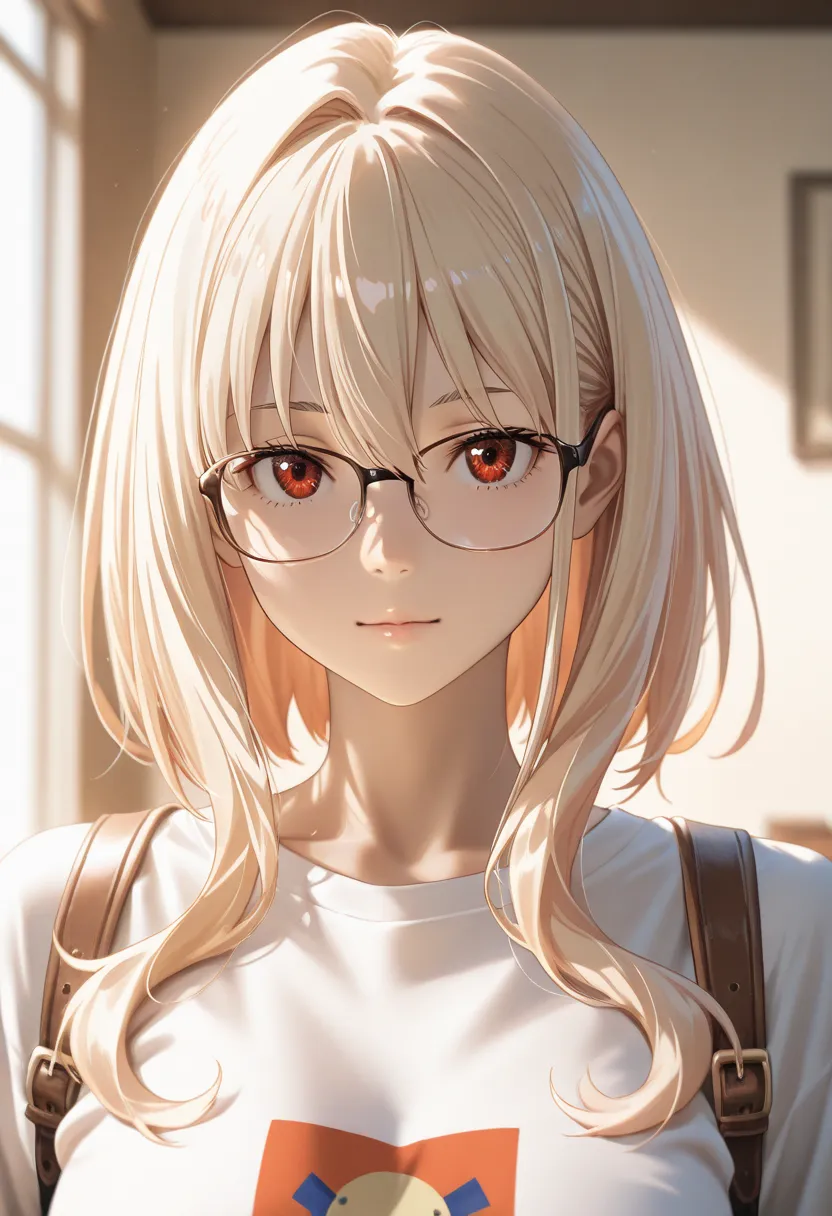 masterpiece, best quality, vibrant, very aesthetic, high contrast, photorealistic portrait,beautiful detailed face,detailed texture,detailed skin, newest, BREAK 1girl, nakahara mizuki, lycoris recoil,glasses,shirt,room