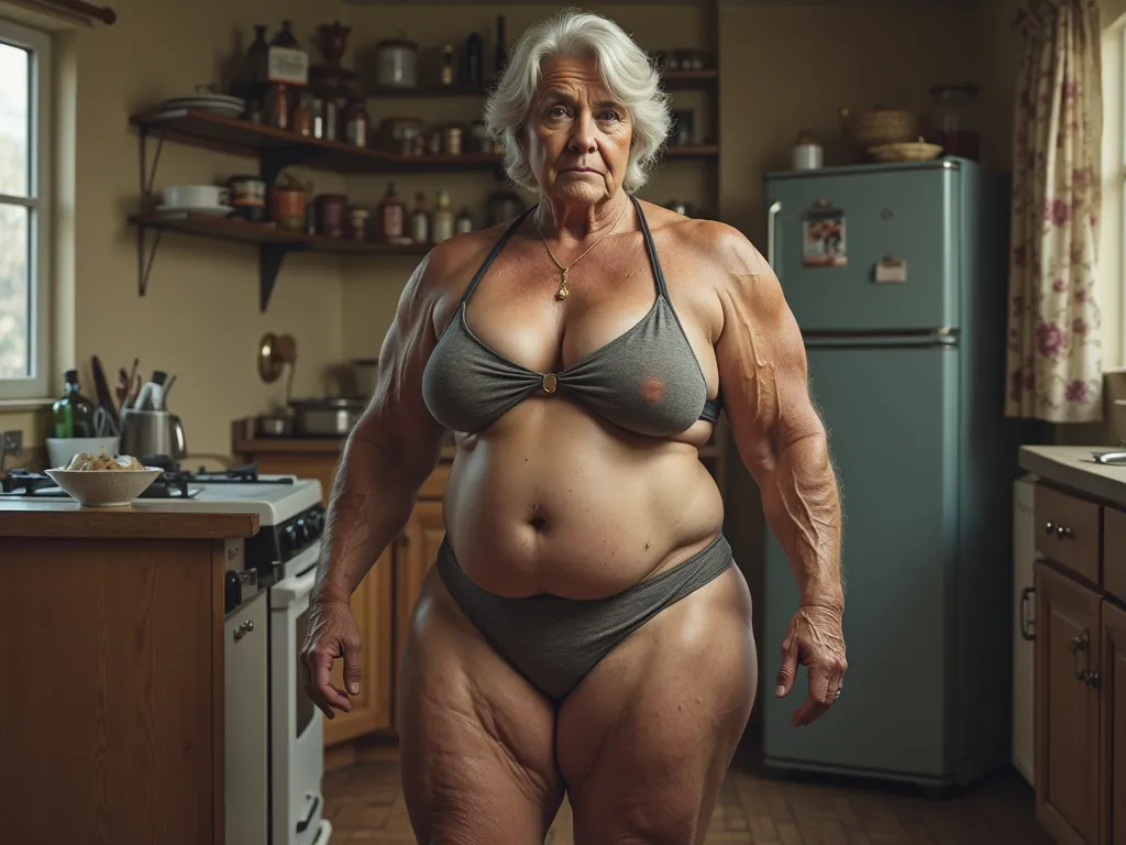 an old granny in a supermodel's body is standing in a bikini and is barefoot in the kitchen. big breasts