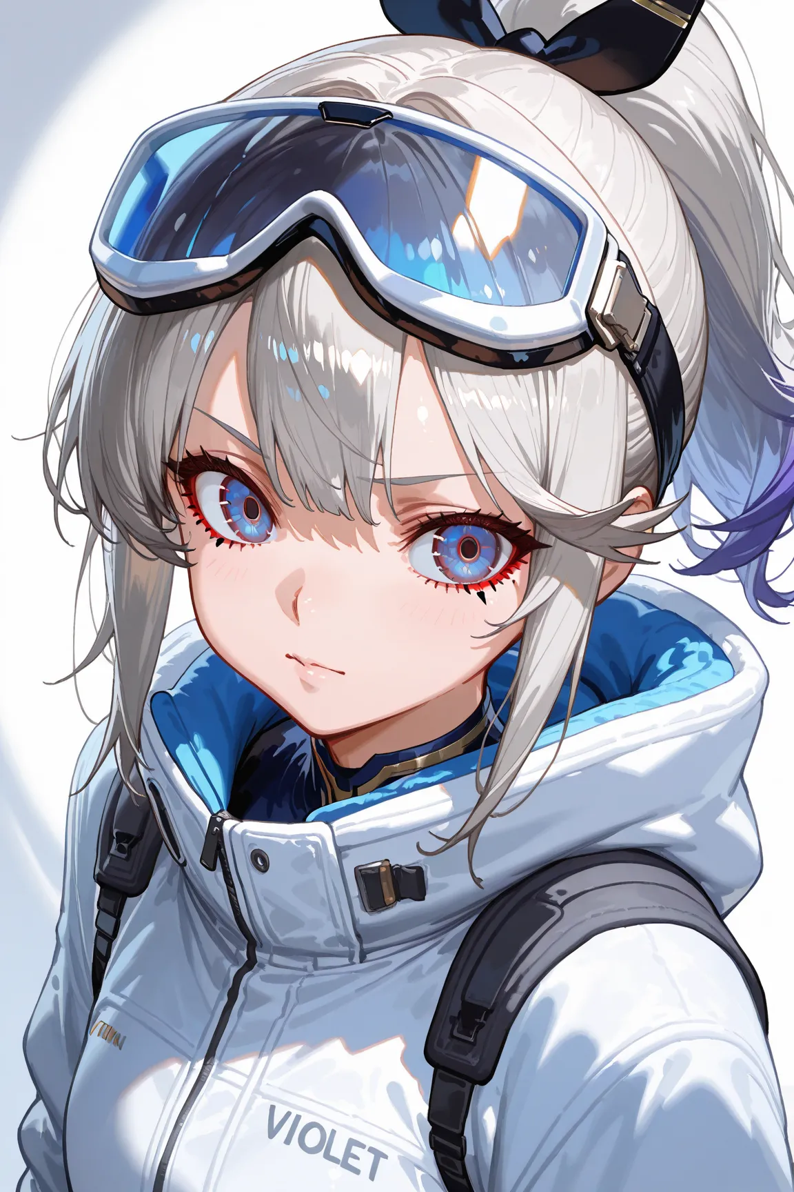 masterpiece, best image quality, Ultra high vividness, Anime girl with curly ponytail, thân hình small  nhắn,  White functional jacket ,  small  , blue violet gradient ski goggles, cyberpunk, gray hair, natural casual style, dynamic pose, Golden ratio, por...