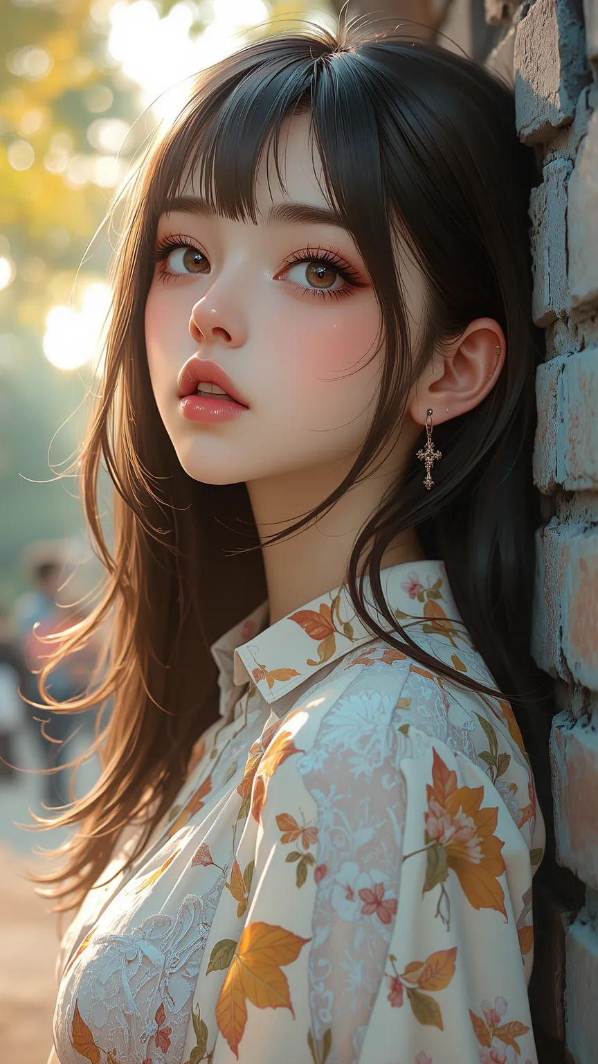 high quality,meticulous,4K,8k,natural light, high chroma, High Contrast,Beautiful Eyes,Beautiful Eyelids,bright spot,messy hair,long bangs, Gradient Hair Color ,Casual Autumn Dress,Thin lips,Light makeup, background blur ,Beauty Alone, Look the Other Way ,...