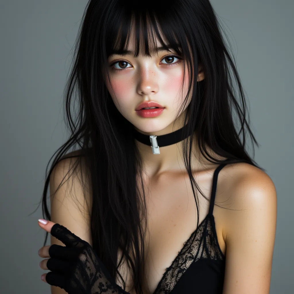 8k, masterpiece, highest quality, Close-up,  woman,  long, black, hair, bangs, black, lace, bodysuit, cutout, straps, sheer, delicate, fabric, long, black, fingerless, gloves, fair, skin, neutral, expression, hands, face, body, black, choker, necklace, pla...