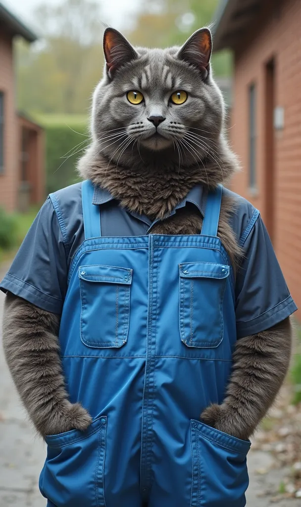 Create a picture of a fat cat blue work shirt