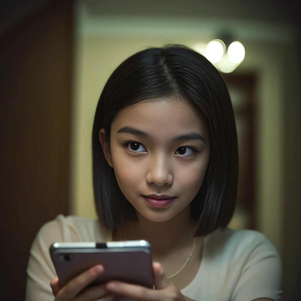 Scene 3: Siapa Pengirimnya?
"A age girl looking at her phone with a shocked expression. On her screen, a mysterious blurry selfie of an older version of herself with an eerie smile. The background is slightly dark, with a dimly lit room, and a feeling of m...