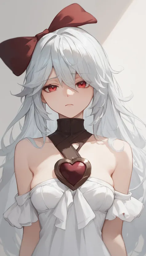 score_9, score_8_up, score_7_up, sinestrea, 1girl, white hair, bare shoulders, white dress, frown hair bow, long hair, heart brooch, medium breasts, hair bow, ribbon, red eyes,Bedroom