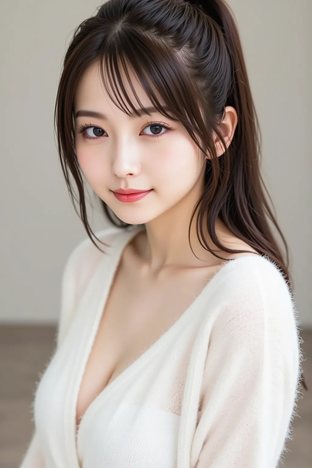 The face is positioned exactly in the center of the image , , the entire head is fully reflected , Face clearly visible、bathrobe, shower head and shower stall, wet long hair、bungs, smile, young and cute japanese face , Official Art, high quality CG Unity 8...