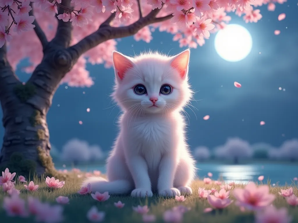 A fluffy, light-colored kitten with exceptionally soft and delicate fur sits gracefully under a fully bloomed cherry blossom tree on a tranquil spring night, gazing directly forward with large, expressive eyes full of wonder. Its body, arms, and paws remai...