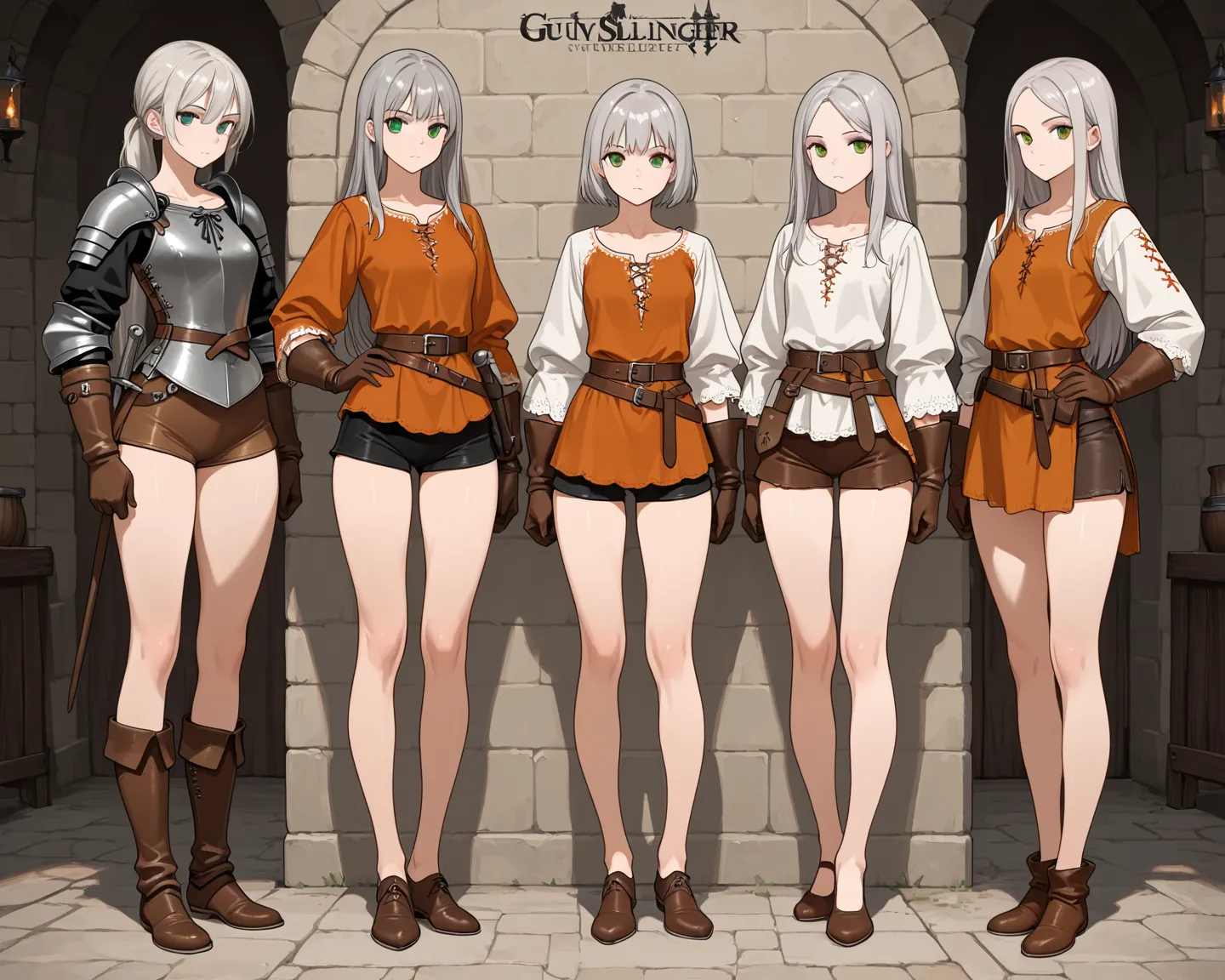 4girls,full body front,slim body,very long legs,standing,medieval gunslinger,gray hair,green eyes,medieval shirts,medieval shorts,medieval gloves,medieval shoes,no socks,no stockings