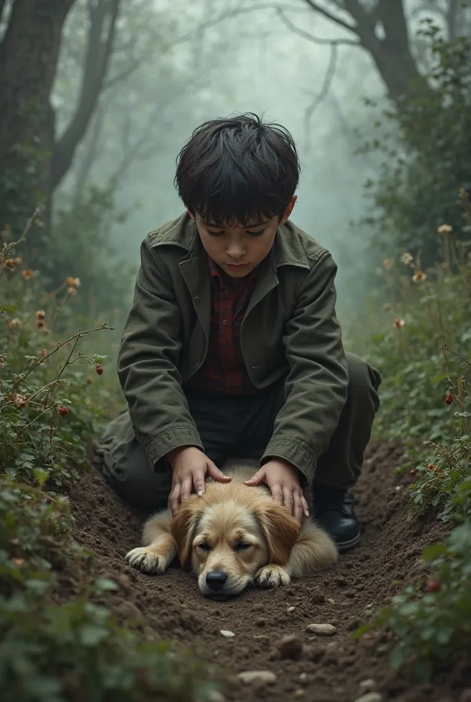 Create me a picture of Prince Ellis Chaplin burying his dog at the age of 11 