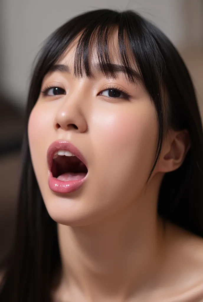 Haruka Kaki opens her mouth wide to show what's inside,top quality, masterpiece, ultra high definition, As shown in the photo, (photorealistic: 1.4), (portraits、Front 、Please look at it from a wide angle、drool、 black hair、 long,bungs