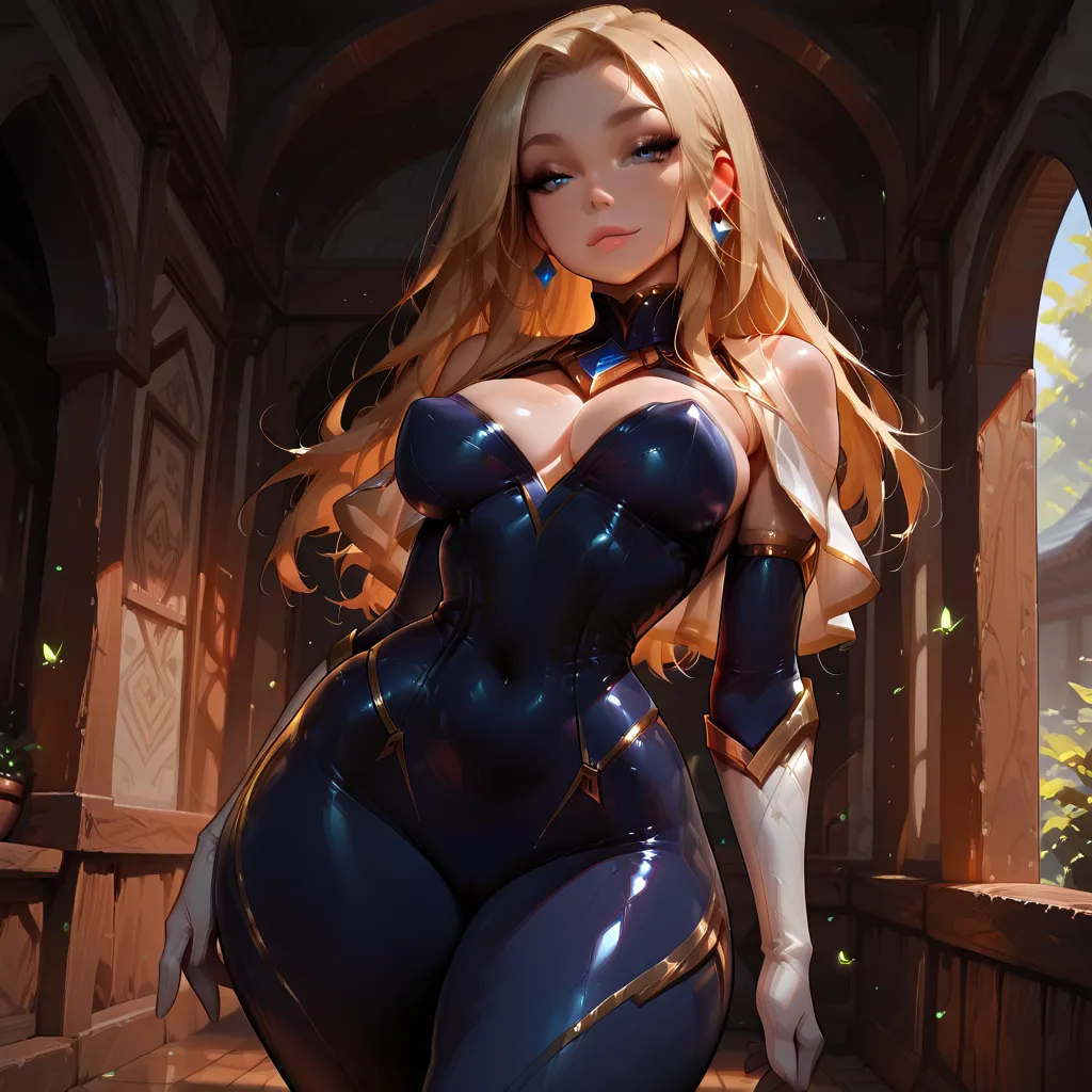 Ultra-realistic 8K full-body image of 1girl, Lux from League of Legends, 18s, solo, standing, with a slim and curvy body, beautiful bright blue eyes, long eyelashes, extremely fine hair flowing over her shoulders, naturally pink lips, peaky breasts, thick ...