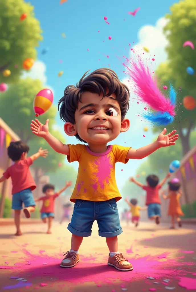 "A charming  boy with bright eyes and a joyous expression is playing Holi with his friends, his face and clothes covered in vibrant splashes of color. He laughs as he throws a handful of bright pink and blue powder into the air, while his friends chase eac...