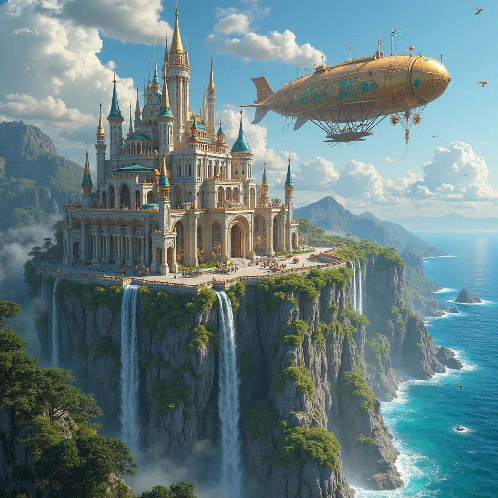 A big fantasy elf city by the sea on top of a cliff。Steambank-style airship in the sky。