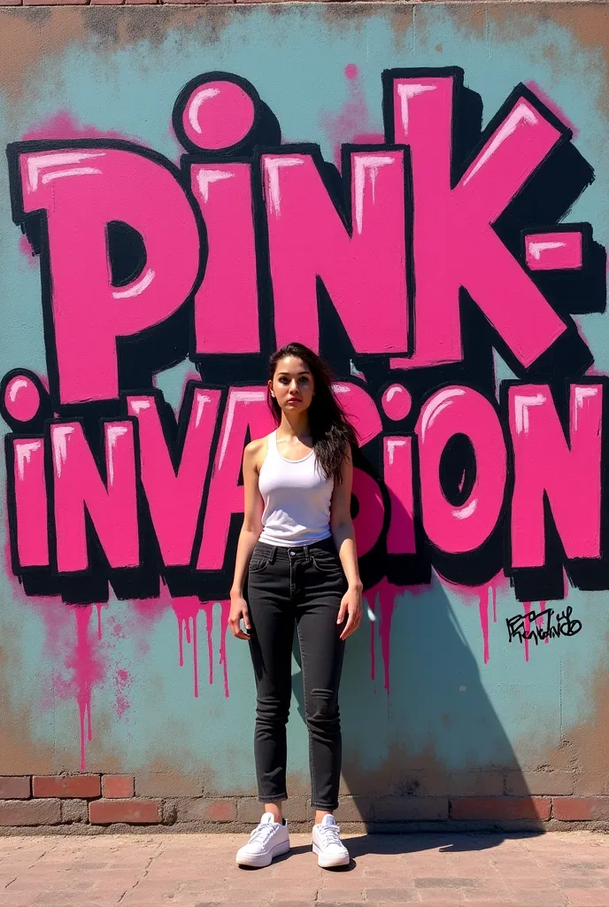 Can you create a lettering "Pink-Invasion" as graffiti on a wall. There should be a woman standing in front of it, for me that created the graffiti. But it should still be spraying
