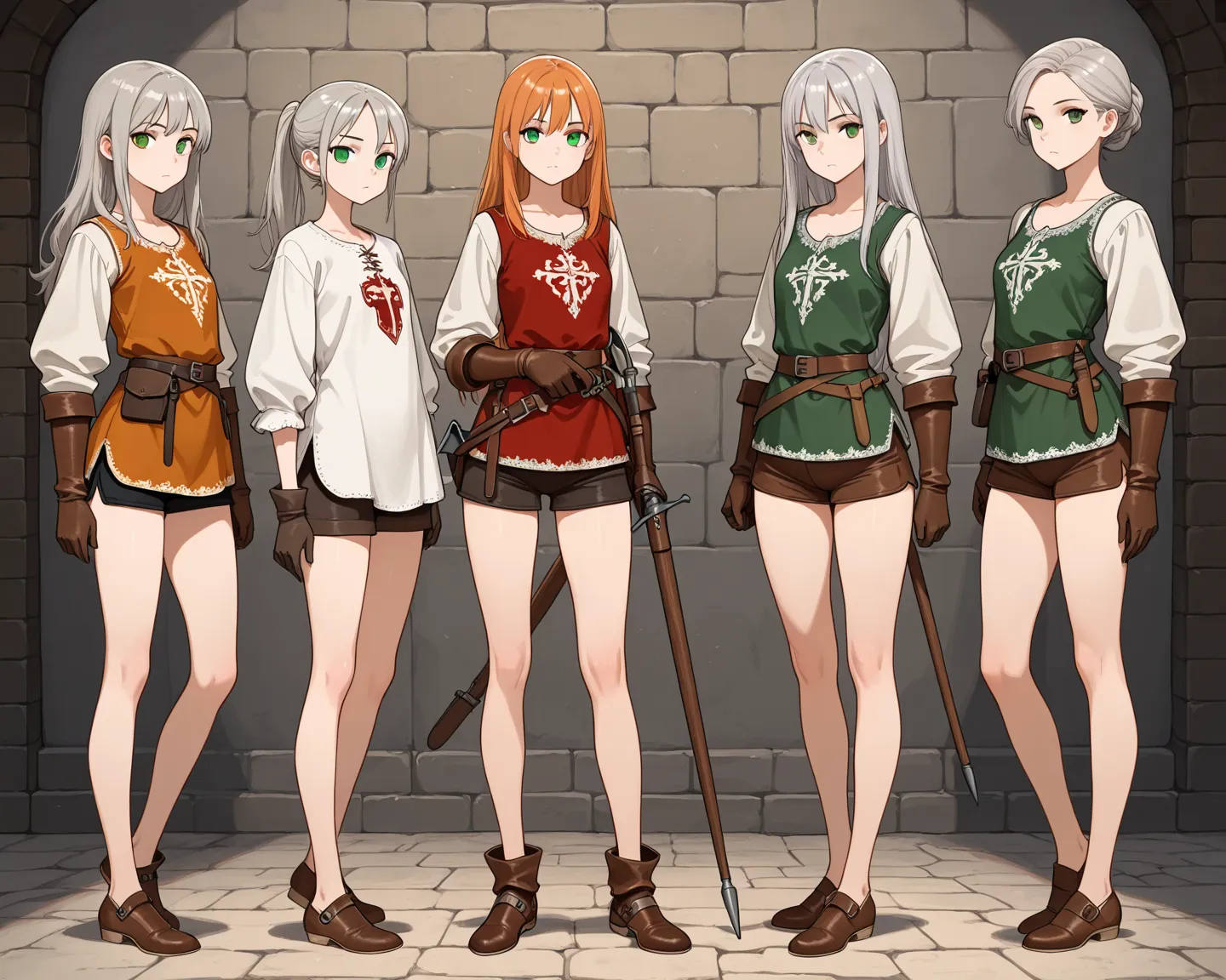 4girls,full body front,slim body,very long legs,standing,medieval gunslinger,gray hair,green eyes,medieval shirts,medieval shorts,medieval gloves,medieval shoes,no socks,no stockings