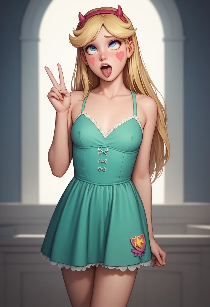 Star Butterfly dress,  a girl, long blonde hair, tiara, blue-colored eyes, green dress, Ahegao, Tilt your head , Cowboy shot, Small Breasts, (bare neckline), ,  nice legs, front, makeup for girls with the sign of peace ,  a girl, standing alone, watching t...