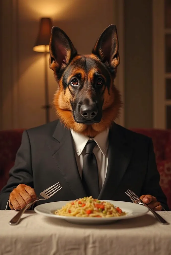 "A German shepherd sitting at a dinner table, wearing a suit, holding a fork and knife, looking completely serious. Ultra-realistic, high-quality lighting, cinematic background."
Caption Idea: “When your dog thinks it’s one of the family.”