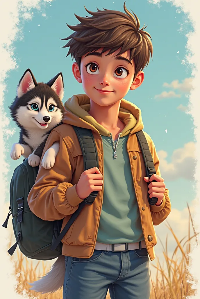  a very attractive boy carrying a backpack and a cute puppy ( husky)  A very attractive girl with .  4K resolution , high definition, Illustrations, very well detailed,  facial features , comics, Visual Effects.  