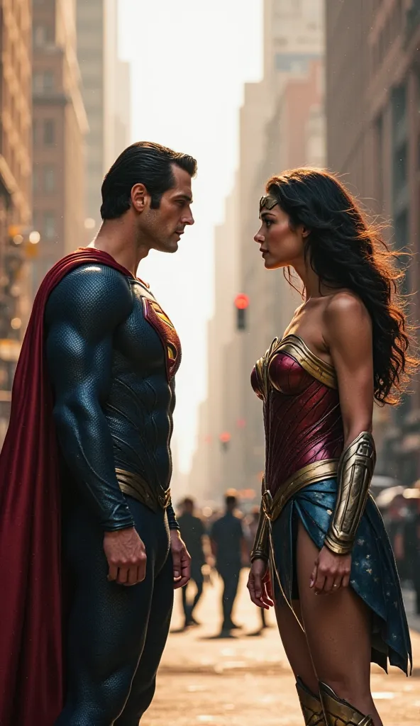 Superman and wonder woman came to close each other. The background is a road side,new york