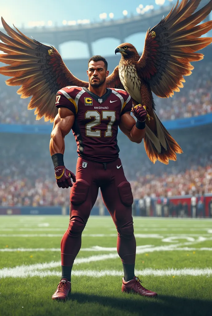 A football player with a falcon