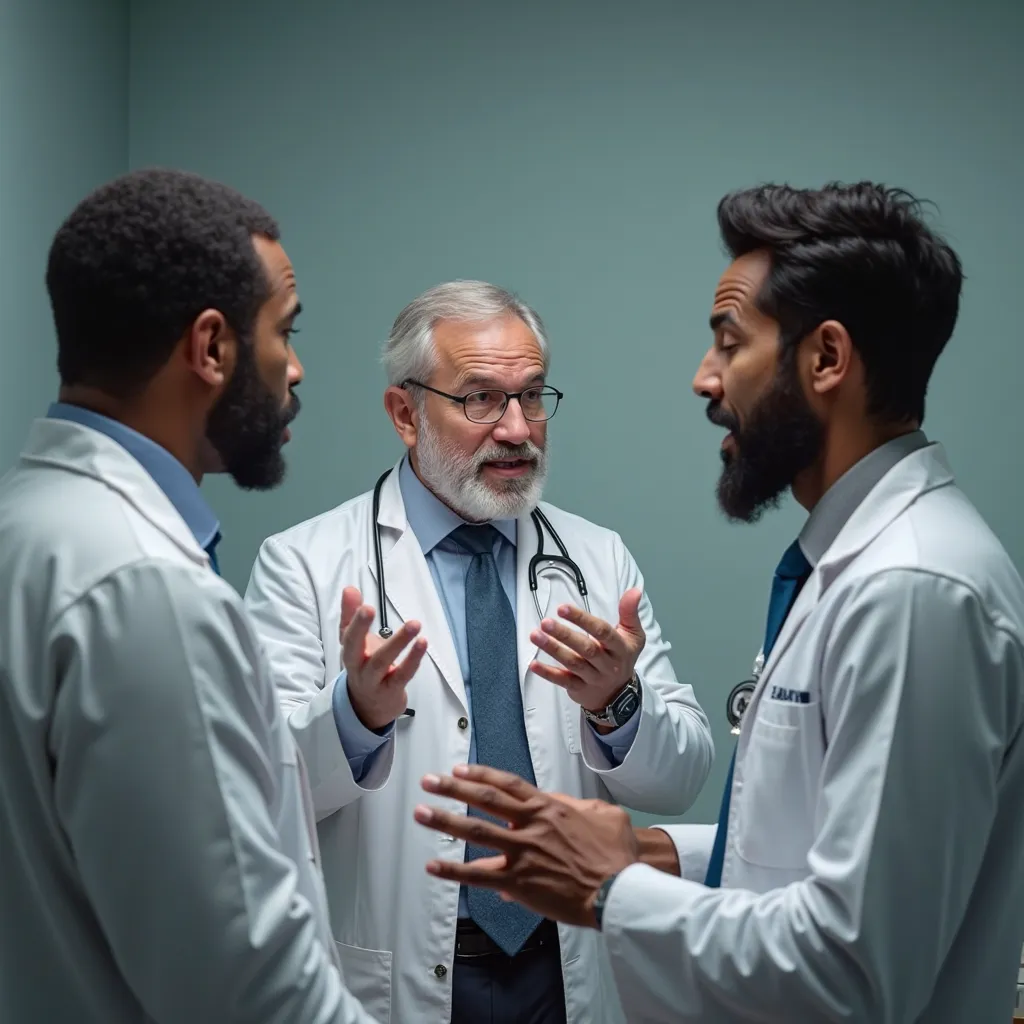 In a medium shot, focusing on a Black man and a light-skinned man, we see both gesturing and responding to the doctor.