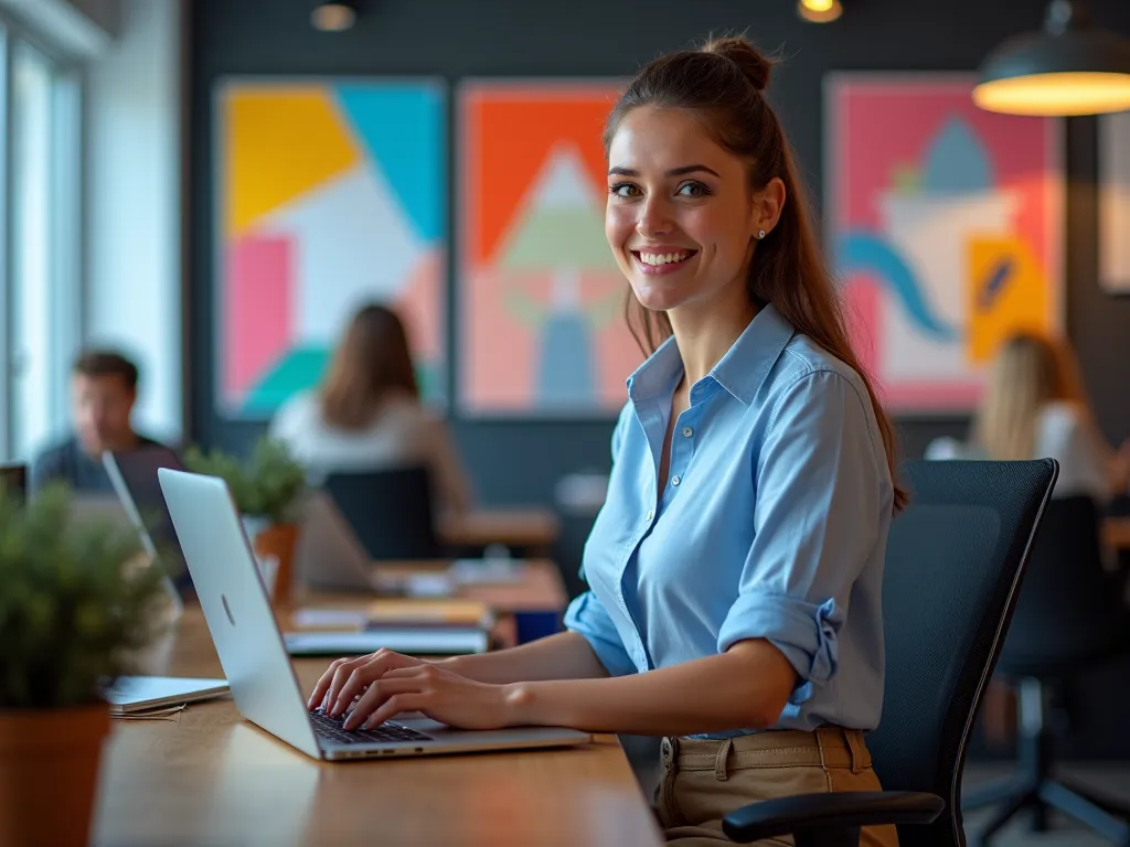 ne jeune femme professionnelle AFICAINE , assise à un bureau moderne dans un cadre dynamique et coloré, représentant l’ambiance créative de Vacances Créatives. Elle porte une tenue   élégante et sobre, adaptée à son rôle de secrétaire (chemise BLEUE avec u...