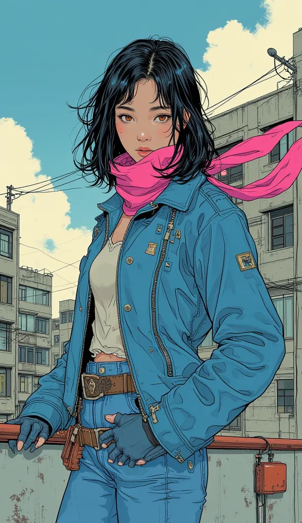 A woman wearing a blue biker jacket and pink scarf is posing on the roof of a multi-tenant building, Japanese hero shows from the 1970s, Akiko Takase, rumiko, Kazue Kato, 80's japanese photo, Wavy semi-long hair、