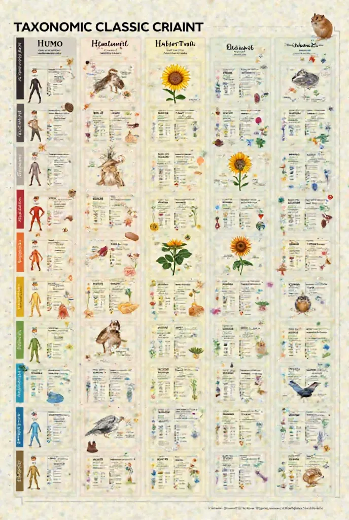 Generate an ultra-high-quality, highly detailed, scientifically precise taxonomic classification chart featuring three organisms: Humans (Homo sapiens), Sunflowers (Helianthus annuus), and Hamsters (Mesocricetus auratus). The chart should be structured in ...