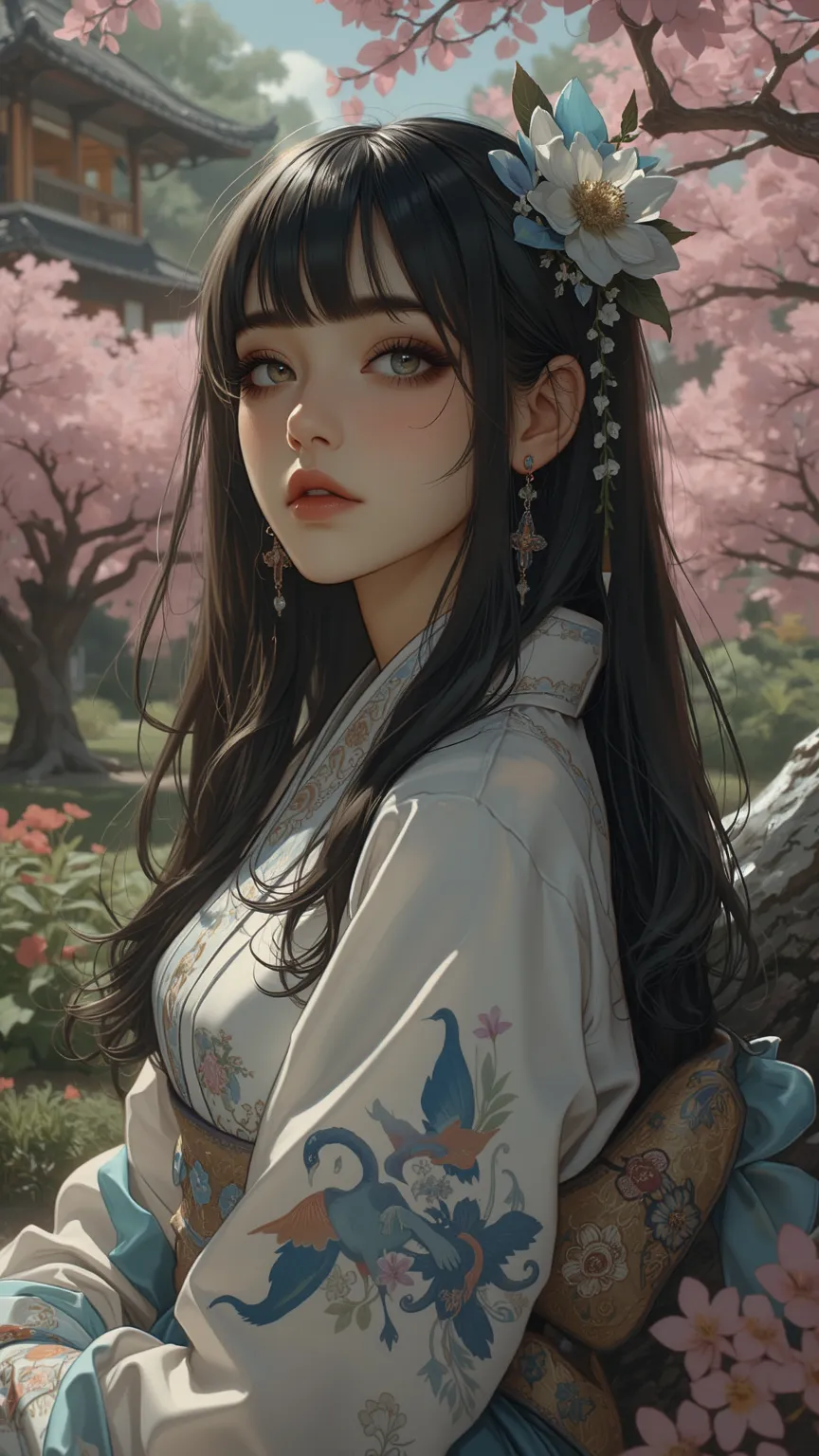 meticulous lines,Expressive contrast,Soft Light,Japanese fantasy princess,Black Hair,Side Hair ,Bangs,Dark eyeshadow,Formal Japanese-style garden,4K High Resolution,ultra-detailed painting,Realism,HDR Effect,Vivid Color,Depth of Field Effect,Professional G...