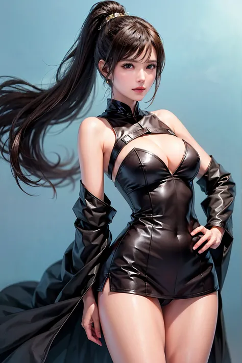 (woman in black armor and cloak,pleated skirt,simple background),1 woman,is standing with her hands on her hips,3/4 shots,Cleavage ,highly detailed face and skin textures,camera, perfect beauty : 1.4, fine grain,double eyelids, Whitening,perfect face,  cut...