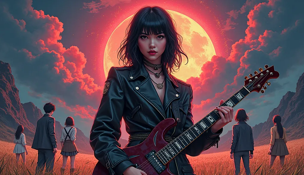 ((((dramatic))), (((gritty))), (((intense))) movie poster featuring a young woman as the main character. She stands confidently in the center of the poster playing an electric guitar, wearing stylish and bold clothing, with a determined expression on her f...