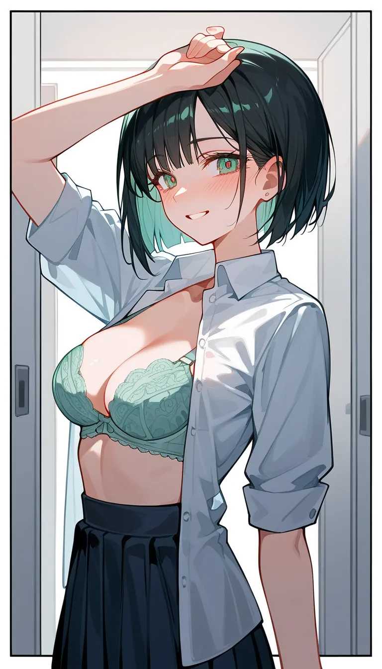 (beautiful girl : 1.3),1 girl,(白いdress shirt, arm roll up,open bra,light green lace underwear), black hair,bob cut,smile, is embarrassing,blushes,,changing room, pubic hair,masterpiece,top quality,ultra high definition,rich contrast,high quality,8k,High De...