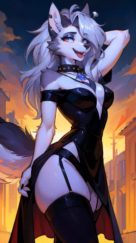  cute,furry的_ girl,Wolf_ girl,graceful figure, model body_type, detailed_ eyes,silver_hair, cute_ear,Wolf_ear,red black robe evening dress,beat,furry_fur,earrings,upper body,Garter,颈Garter,(perfect  detailed  eyes:1.5),Jewelry, blank  eyes,brooch,Smile,(fo...