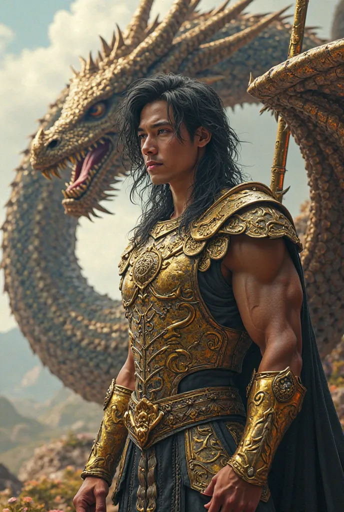 A handsome young man with long black hair, black eyes, holding a golden spear, wearing gold armor, beside him is a dragon.