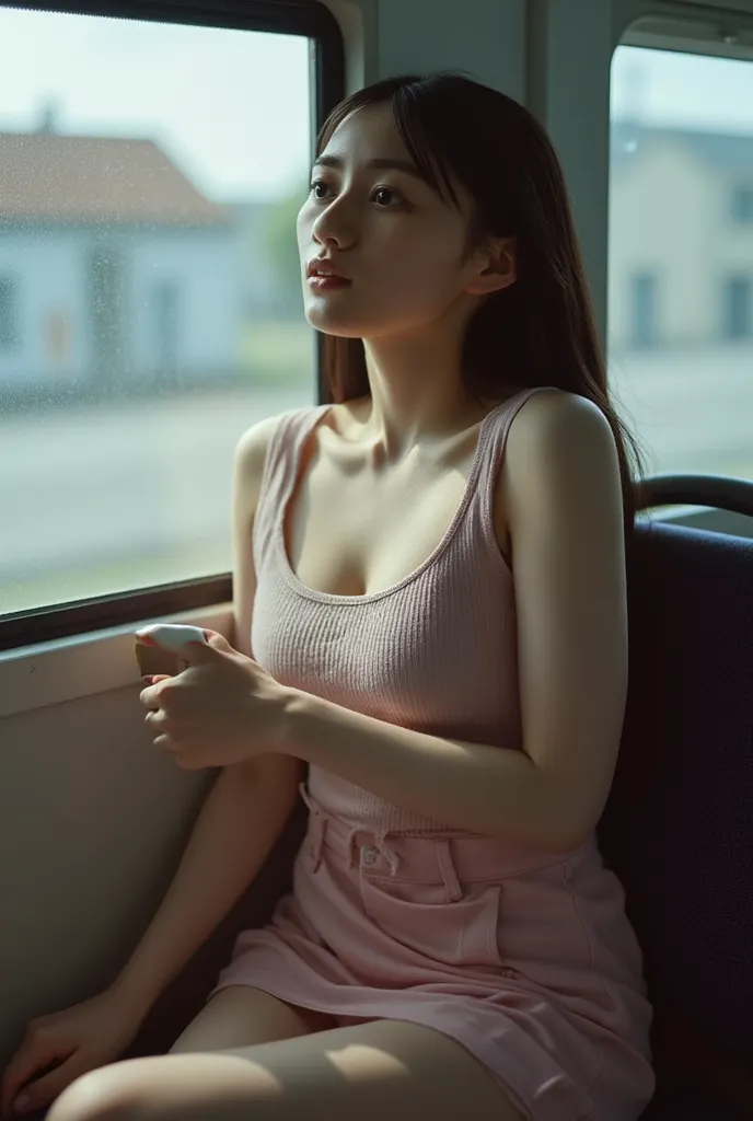 (  masterpiece,   top quality, 8k,   RAW photo  ,   beautifully、  beautiful:1.2),   intricate details,   Indirect Illumination, full body,   sit on a train chair  、(   high school uniforms 、  miniskirt)、(((Between the thigh gap and the skirt、I can see whit...