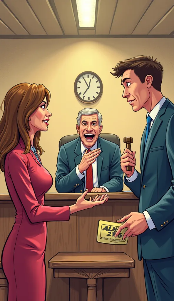 "Create a vibrant cartoon-style courtroom scene featuring all three main characters: the wife, the husband, and the judge. The wife stands on one side, gesturing dramatically with an emotional expression to emphasize her passionate argument. The husband st...