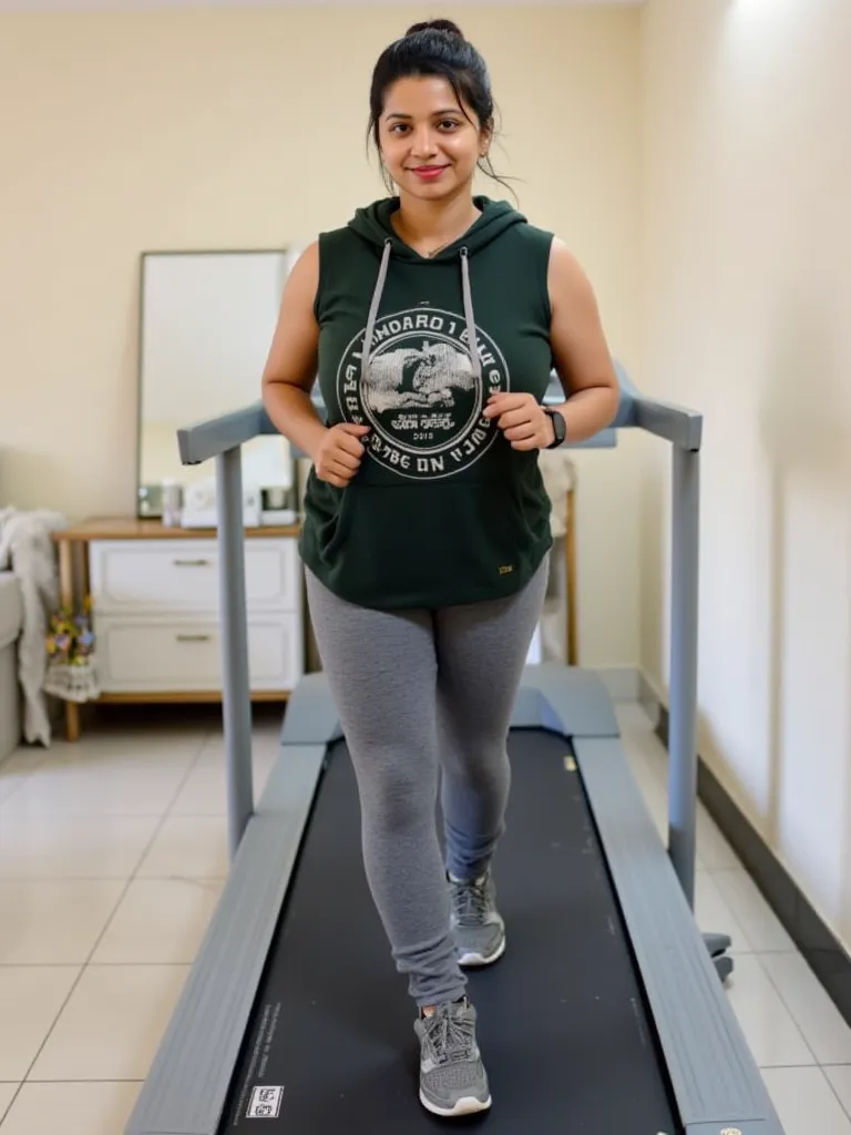 kerala indoor.Female with chubby face broad jawline,wet black hairs,No make up face,no lipstic lips,, huge  voluptuous breast curvy,weared dark  green printed sleeveless sweatshirt with hoodies (tug outside) and  grey sleepwear tight cotton pants  hourglas...