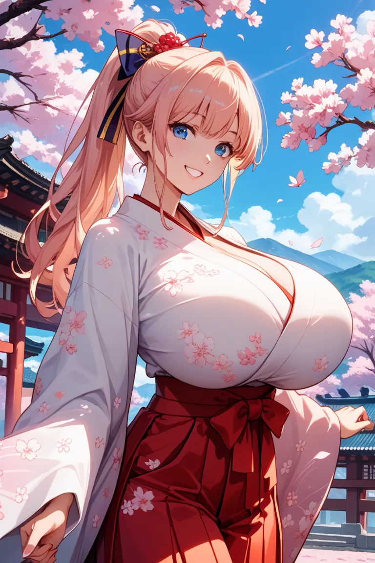 anime, 1girl, black long hair, ponytail, cherry blossom pattern kimono, gigantic breasts,Japanese style, spring, day, cherry blossom, blue sky, smile, happy, montsuki haori hakama, nsfw, sensualface, best quality, amazing quality, very aesthetic, absurdres