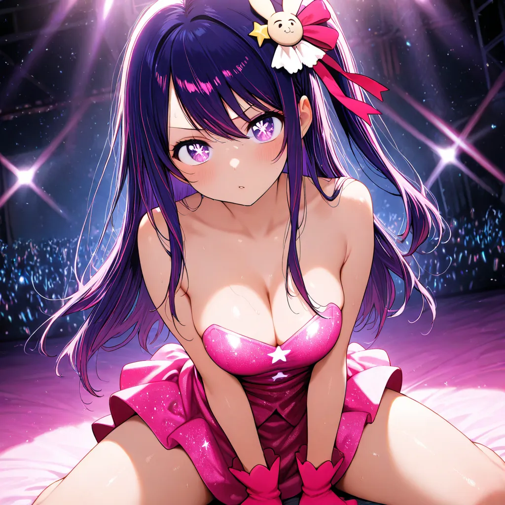 masterpiece,best quality,amazing quality, hoshino ai, girl,, gloves, hair ornament, idol, naked, long hair, looking at viewer,pink dress, pink gloves, purple eyes, purple hair, solo, star-shaped pupils, star, star in eye, symbol-shaped pupils, symbol in ey...