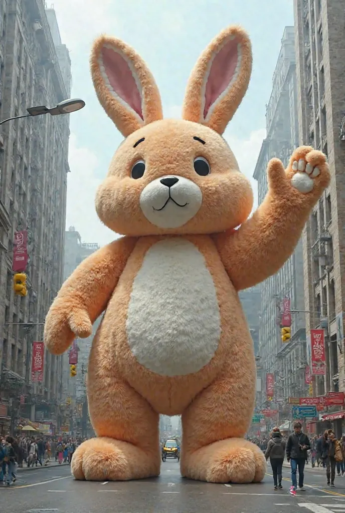 form a giant stuffed bunny standing on the street