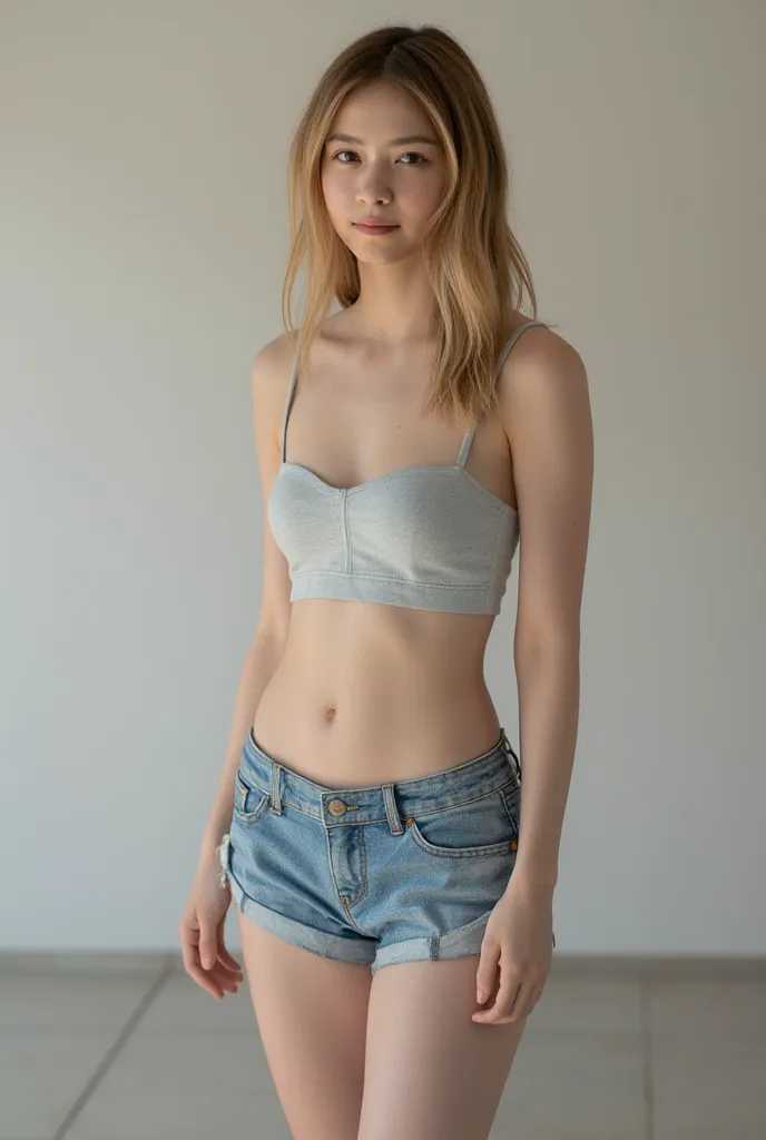 beautiful 18-year-old girl, very slim, European, hourglass figure, have freckles on the face, small breasts, crop top, enge Levis blue Jeans-Shorts, sneakers, whole body , long blonde hair, photorealistic, 
hyperdetailed, best quality, ultra-high resolutio...