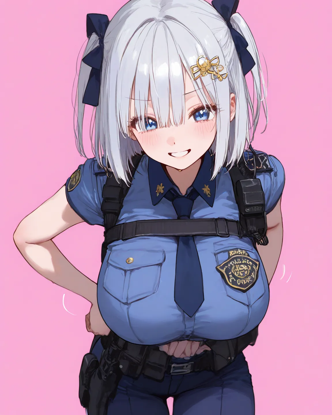 best quality, masterpiece,          748cm style , 1 girl, 、 viewer,  smile,,          、18 years old、Rem、blue eyes、Hair Ornament、  hair above one eye、hair bow、short hair、xHair Ornament、very big breasts、police officer cosplay

pink background、cute framed pic...