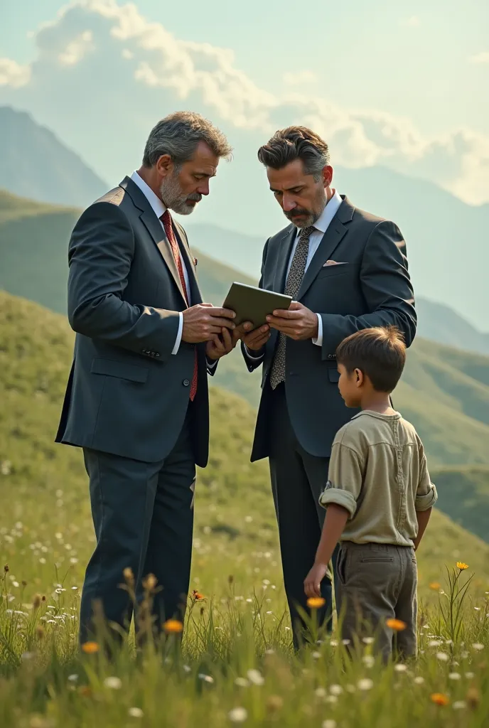 Two well-dressed businessmen standing in a field, discussing financial charts on a tablet, while a poor boy in simple clothes listens from a distance.