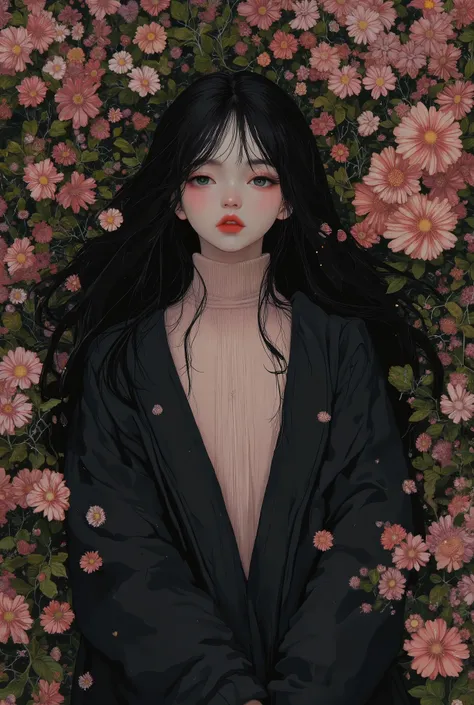 cute girls lying in the bushes and thorns and beautiful old rose pinks flowers, top view camera. wearing jet black wizards robe and old rose pinks turttle neck shirt inside. oil painting, masterpiece, shadows, expert, insanely detailed, 4k resolution,
